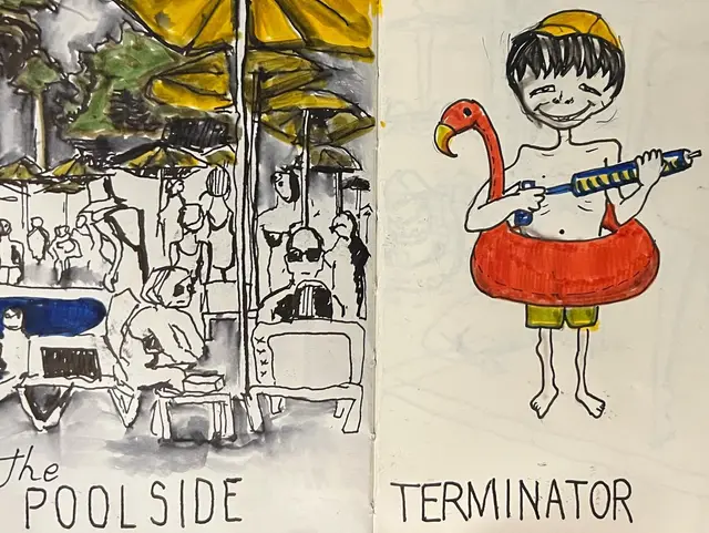 Another batch… I loved drawing this young fella that was terrorizing everyone at the pool with his flamingo and water gun🔫😂 what a laugh! Something to revisi…