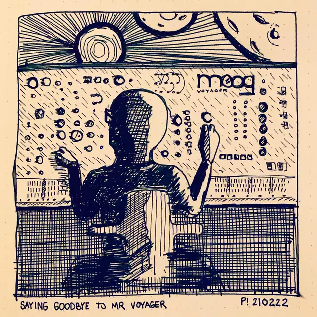 Sold my old friend moog voyager 😢. No more analog synthesis for me. Onwards to planet funk with a new 5 string Sadowsky #moog #drawingoftheday #artoftheday #s…